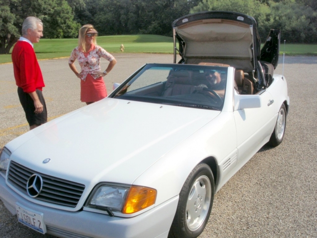 Arriving for a day of Golf: Jim Grow, Julie Aylward, and Frank in car.