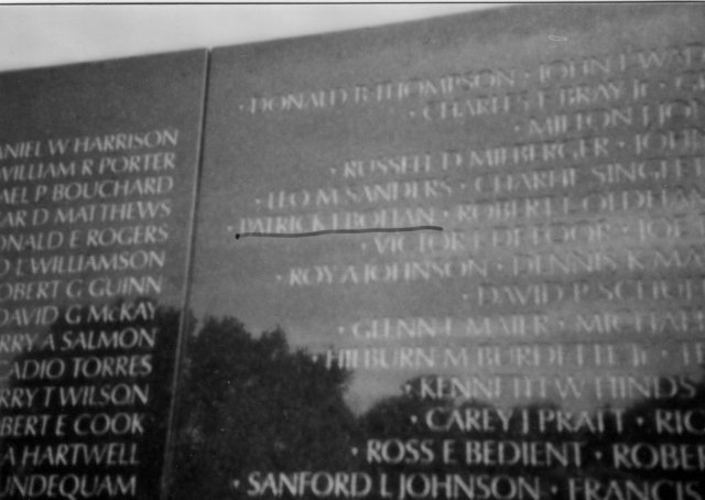 Vietnam Memorial Wall with Patrick Bohans name underlined on photo