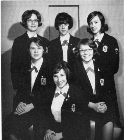 Academys Freshman A Honor Roll: standing: Mary Kennedy, Nancee Bailey, Linda Sellers; sitting Judy Richardson, Valerie Stubbs, Judy Harbors