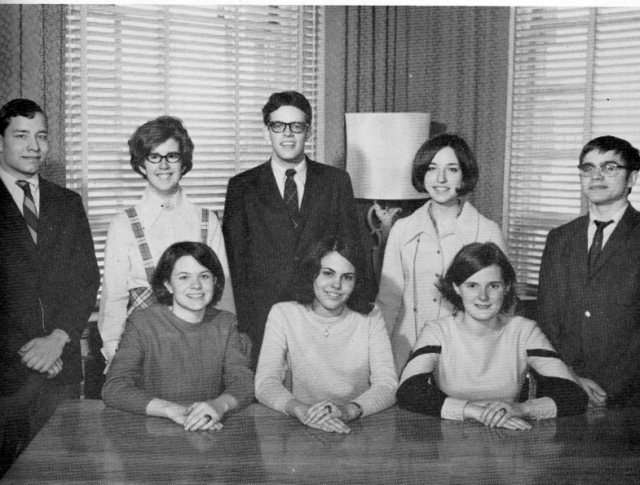 NMSQT Scholars: seated: Judy Richardson, Anne Winslow, Mary Jo Potts; standing: Dan Christy, Cindy Linsley, Tom Theado, Linda Sellers, Dan Seitz